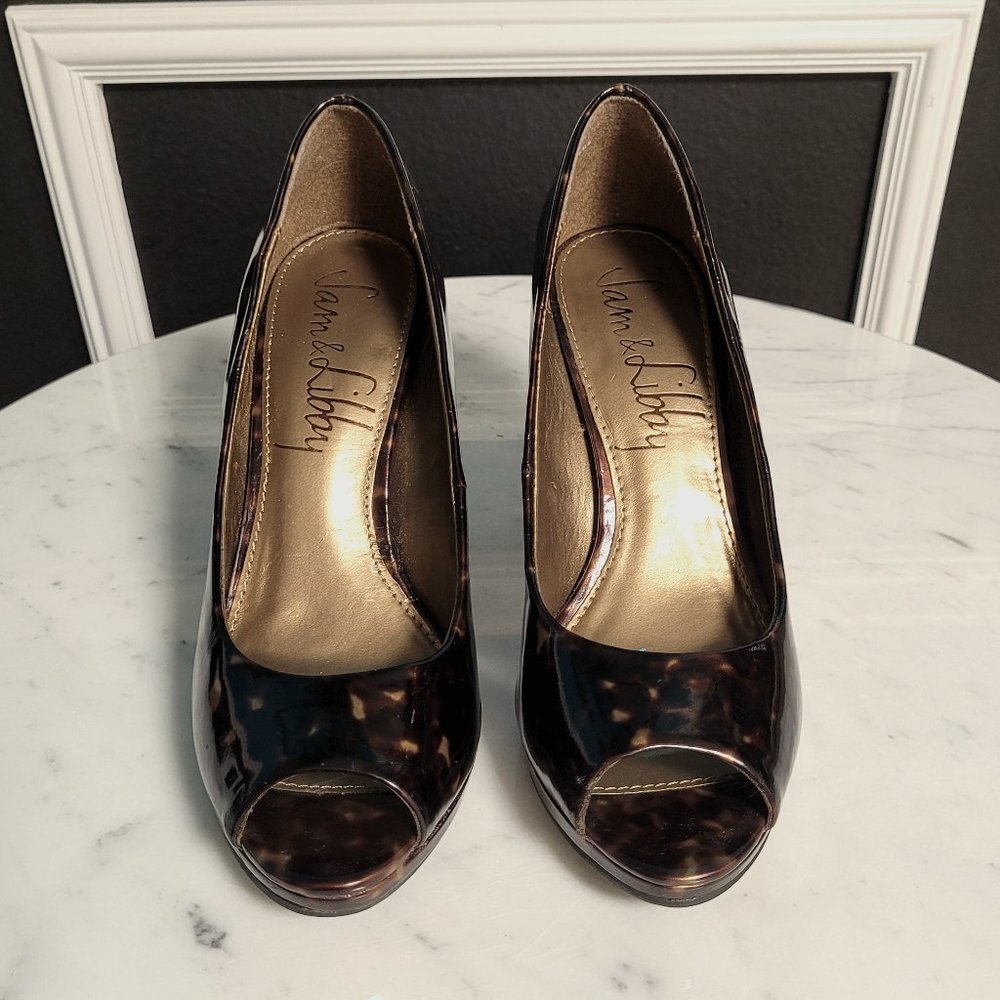 Sam & Libby Brown/Gold Patent Tortoise Peep Toe Pumps size 7